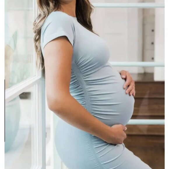 Blanqi Everyday Cap Sleeve Dress M/L Sky Blue ruched stretch maternity nylon - Picture 1 of 7